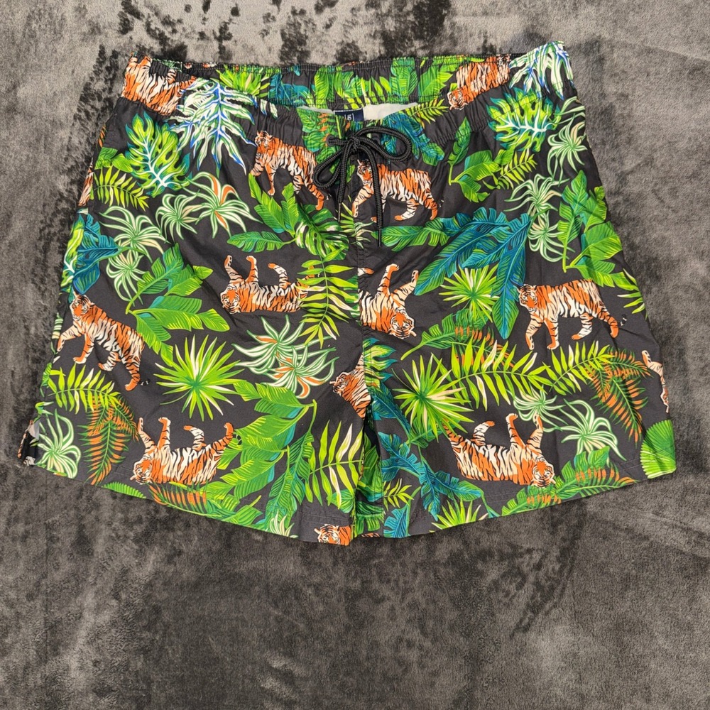 George Mens Tiger Jungle Print Swim Trunks XL 40-42 Tropical‎ Mesh Liner Shorts